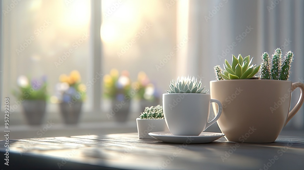 Poster tranquil 3d rendering of succulents and cacti in modern pots by a sunlit window in a serene indoor s