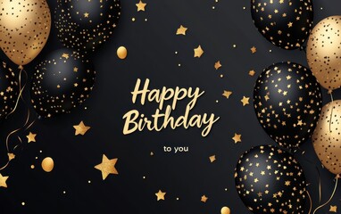 "Happy Birthday to you" illustration featuring black and gold balloons with golden stars, confetti, on a dark background Generative AI