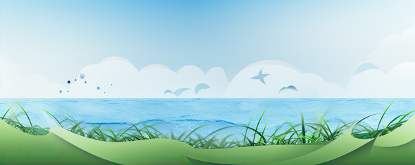 Obraz premium Eco green paper texture landscape. Blue sky and green grass wide banner. copy space for your text.