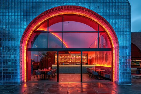 A restaurant with a neon red archway and a neon red bar - Powered by Adobe