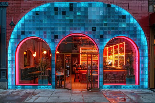 A neon blue and red building with a large arched doorway