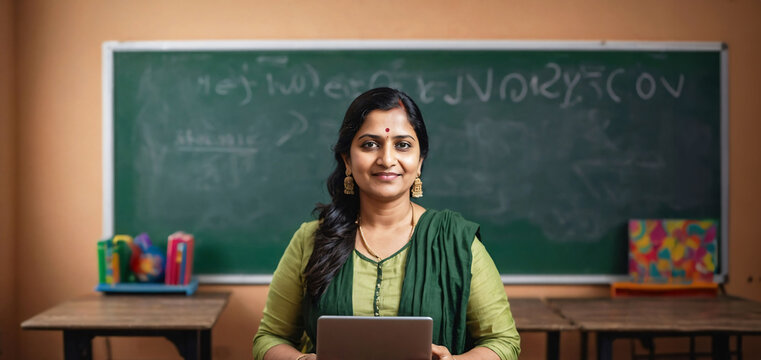 Happy Indian woman teacher in school classroom with tablet and chalkboard. Indian woman and school education
