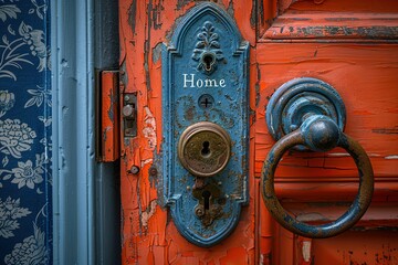A blue and orange door with the word home written on it
