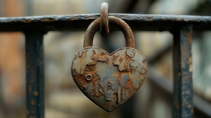 Closeup of a rusty love padlock, hanging from a metal railing, aged and corroded