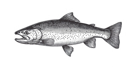 Fish sketch salmon trout. Vintage retro print, black white salmon trout fish sketch ink pencil style drawing, linear drawing, engrave old school. Sketch artwork salmon trout fish. Illustration