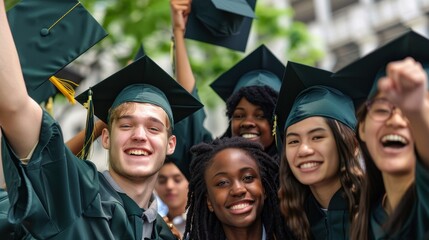 Group of Diverse Graduates Celebrating in Green Caps and Gowns Outdoors on Graduation Day