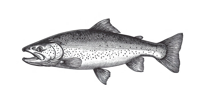 recommend clip art: Fish sketch salmon trout. Vintage retro print, black white salmon trout fish sketch ink pencil style drawing, linear drawing, engrave old school. Sketch artwork salmon trout fish. Illustration