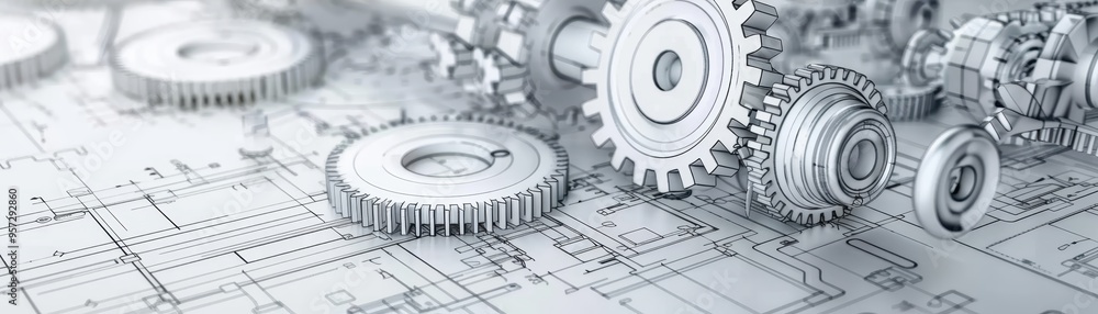 Poster mechanical engineering concept with gears and technical drawings, representing precision and technic