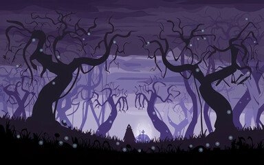 An illustration of a silhouette of a fantasy forest with tall trees in the shape of twisted, gnarled hands reaching towards the sky.