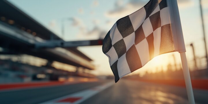A checkered flag is being waved from a gantry above the track, with a racing track in the background