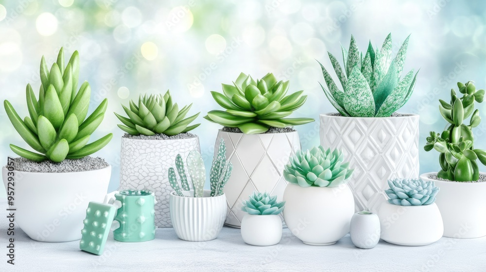 Poster tranquil 3d rendering of succulents and cacti in modern pots by a sunlit window in a serene indoor s