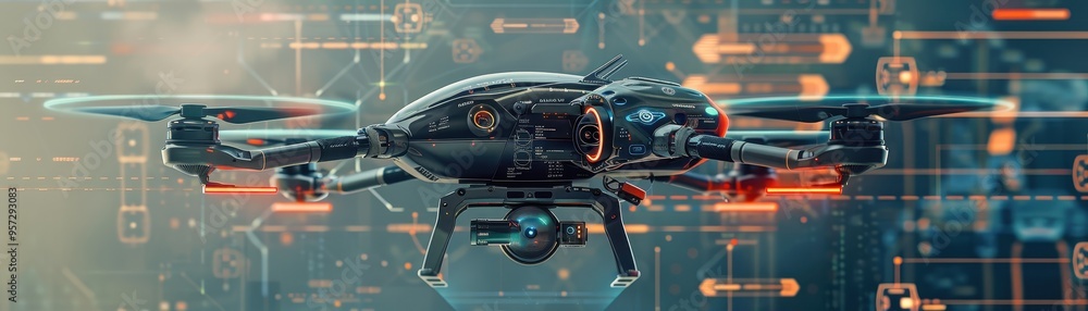 Poster futuristic drone with advanced technology hovering in a high-tech environment, showcasing cutting-ed