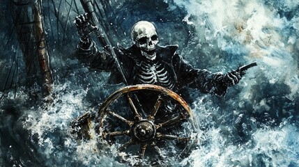 Skeleton captain, steering a ghost ship, eerie stormy sea, Watercolor style
