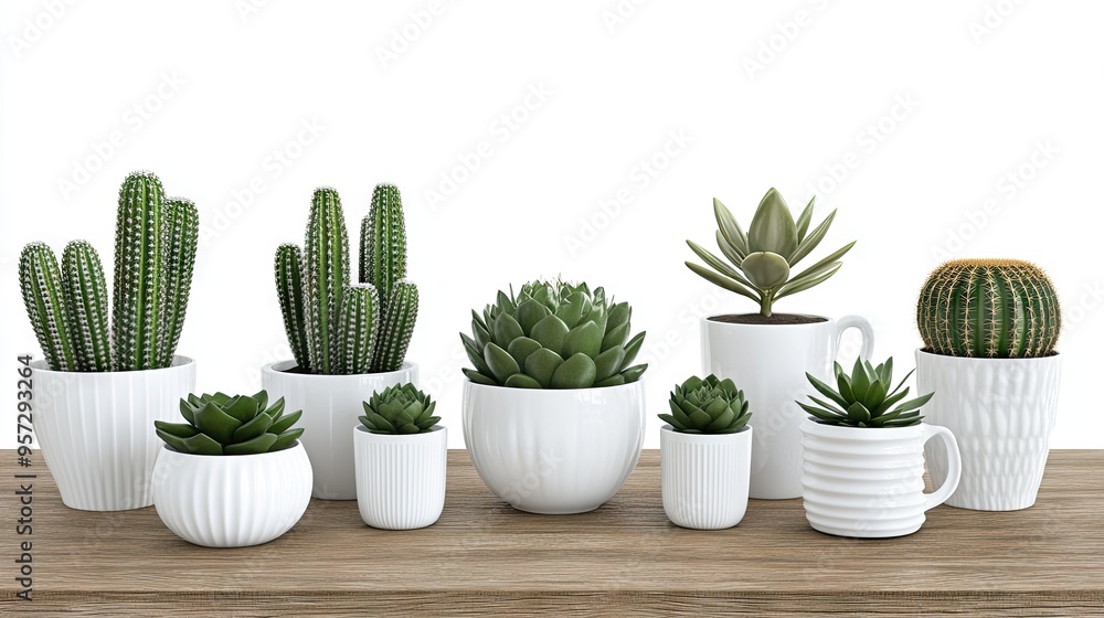 Poster tranquil 3d rendering of succulents and cacti in modern pots by a sunlit window in a serene indoor s