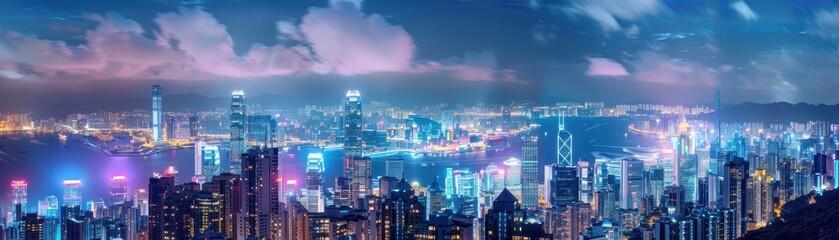 Fototapeta premium Stunning panoramic view of a vibrant city at night with colorful lights, tall skyscrapers, and a cloudy sky in the background.