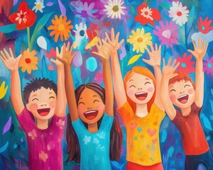 Children cheering up a friend, antibullying message, bright and uplifting colors