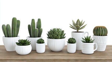 Obraz premium Tranquil 3D rendering of succulents and cacti in modern pots by a sunlit window in a serene indoor setting