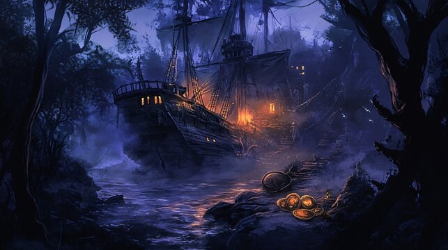 Haunted pirate hideout, glowing treasure, eerie mist, Watercolor style