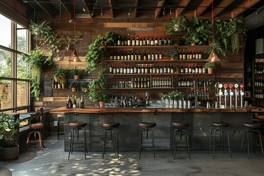 A bar with a lot of plants and a lot of wine bottles