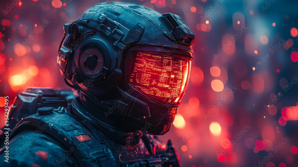 Poster futuristic soldier in high-tech combat gear with digital interface and data streams in illuminated w