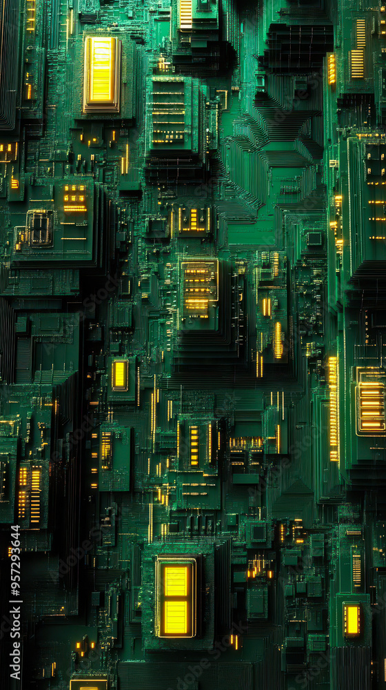 Poster intricate circuit board maze representing complex data processing pathways in a futuristic digital e