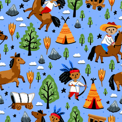 Bright cheerful children seamless vector pattern with American native indians and western cowboy from wild west rural Landscape. Childish background. Cheerful characters with animals and plants.