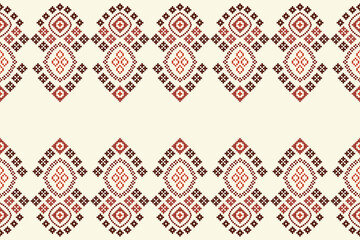 Traditional ethnic motifs ikat geometric fabric pattern cross stitch.Ikat embroidery Ethnic oriental Pixel brown cream label background. Abstract,vector,illustration. Texture,decoration,wallpaper.