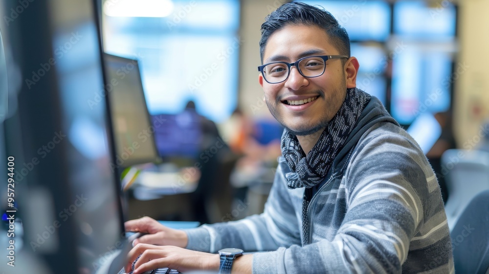 Poster young professional man smiling while working on computer in modern office environment