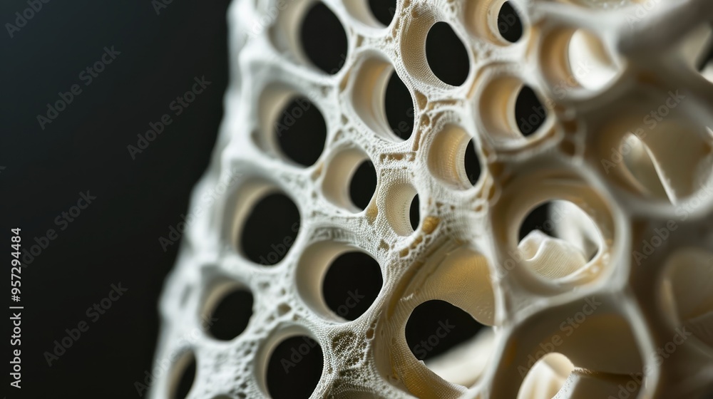 Poster close-up of a fascinating, intricate 3d-printed structure showcasing a perforated design with lattic