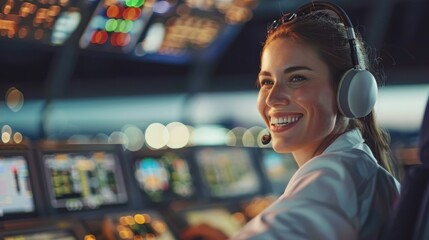 Smiling Female Air Traffic Controller in Modern Control Tower with Headset and Computer Screens