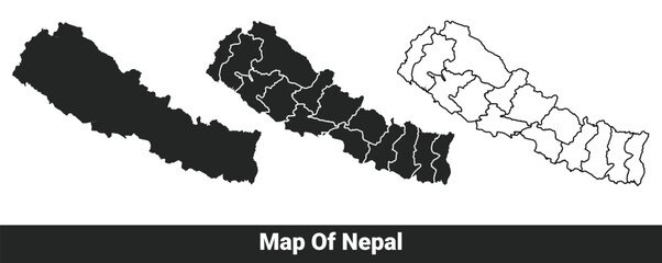 Black map of Nepal flat and outline style vector illustration set