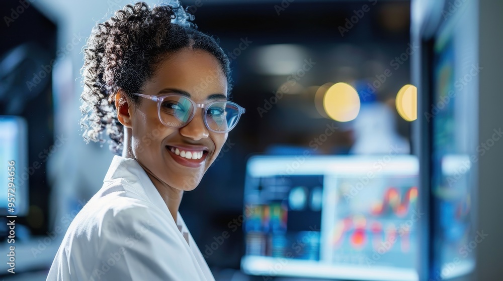 Poster smiling female scientist in laboratory with computer screens and scientific data in background