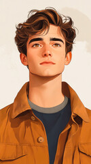 Fototapeta premium Vintage Illustration of Young White Man with Brown Hair in Casual Jacket Looking Upwards, Retro Style Portrait, Thoughtful Expression, Ideal for Nostalgic or Historical Themed Projects