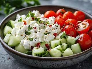 Cottage cheese with diced cucumbers and cherry tomatoes, high-protein snack, fresh and low-carb.