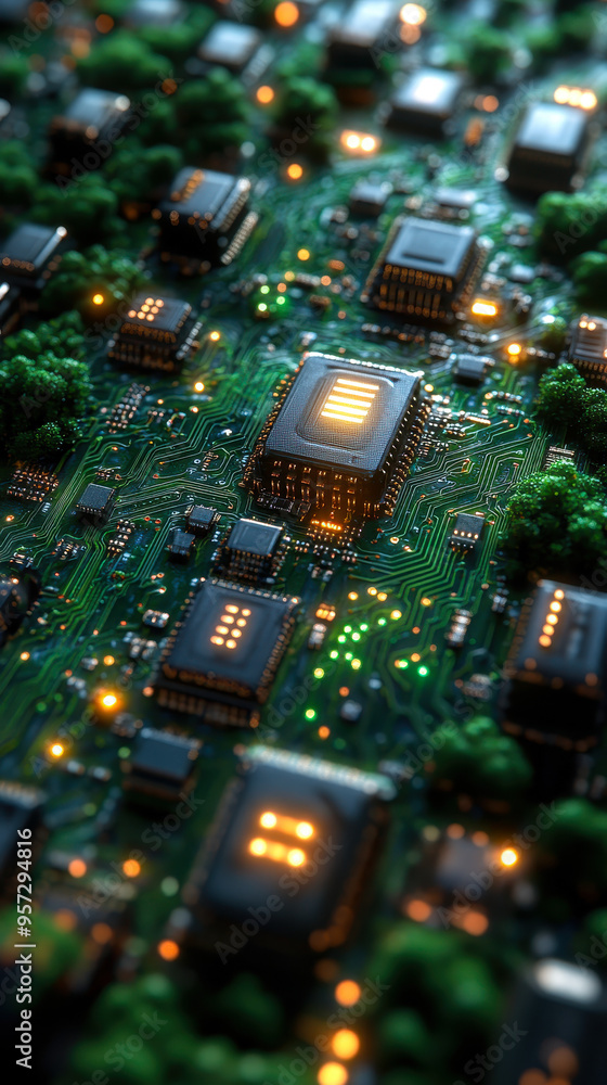 Poster intricate circuit board maze symbolizing complex data processing and digital pathways in modern tech