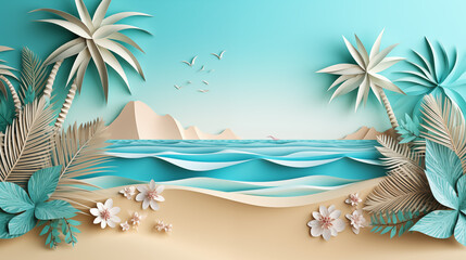 Obraz premium Illustration of a beautiful landscape. Island with palm trees overlooking the lagoon at sunset. 
