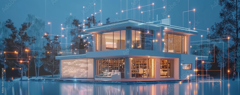 Poster modern smart home with advanced technology and futuristic design, illuminated by innovative lighting