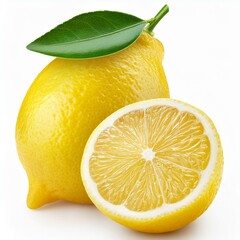 lemon with cut lemons close up isolated on white background, full depth of field 