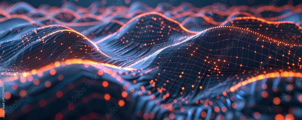 Aufkleber digital landscape with flowing data points and vibrant light trails. abstract technology background 