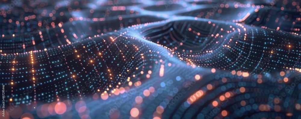 Poster abstract digital landscape with glowing particles and flowing grid lines, representing data, technol