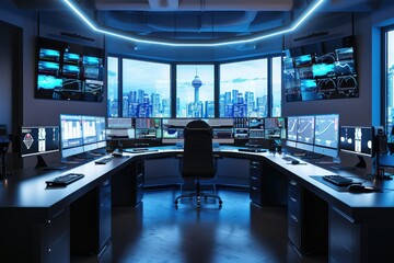 A large room with many computer monitors and a black chair, generative ai image