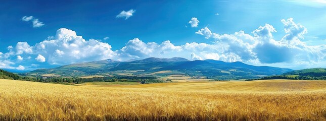 Beautiful scenery of golden wheat field and panoramic view of mountains with blue sky and clouds. Ripening ears of wheat, rich harvest.