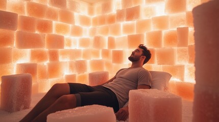 Relaxing in a Himalayan salt therapy room with illuminated pink walls during a wellness session