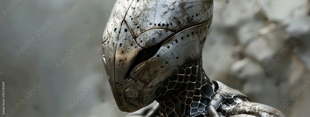 Poster close-up of a futuristic humanoid robot with a metallic face and intricate design. sci-fi technology