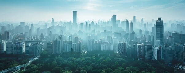 Panoramic view of a modern city skyline with tall skyscrapers emerging from the mist over a lush green park.