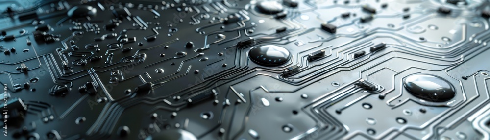 Poster close-up macro shot of water droplets on an electronic circuit board, highlighting the intricate and