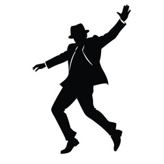 a man dancing pose with wearing stylish outfit, hat, and sports shoes, black color silhouette