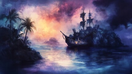 Fototapeta premium Haunted pirate island, cursed gold buried deep, eerie mist, Watercolor style
