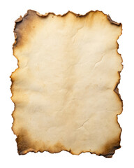 Fototapeta premium Burnt paper with charred edges and visible wrinkles showing signs of aging. Ideal for vintage, historical, or creative projects needing a distressed look. Isolated on transparent background, png.