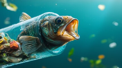 Fototapeta premium Fish Trapped Inside a Plastic Bottle in Polluted Waters, Highlighting the Urgency of Environmental Protection, Fish in Distress